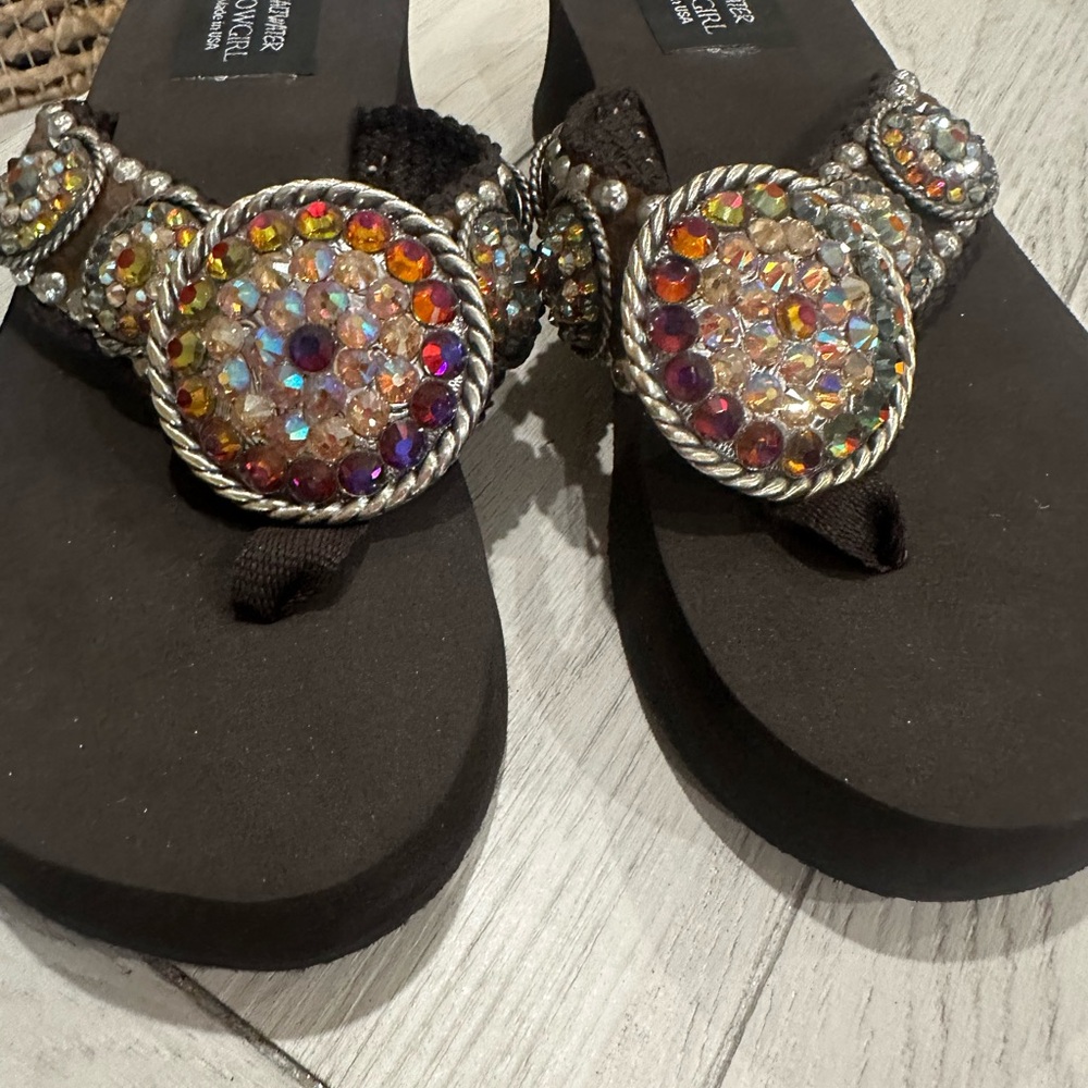 Embellished Black Women's Toe-Post Sandals with Multi-Color Rhinestones
